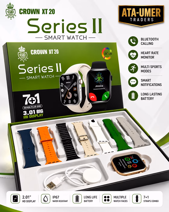 Crown XT 20 Series II 2.01 inch HD Smart Watch with 7+1 Straps